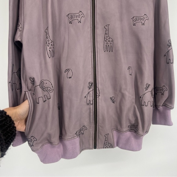 Free People Purple Oversized Leather Animal Print Embroidered Bomber Jacket S - Picture 5 of 10